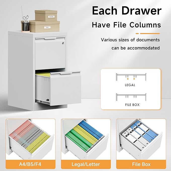 Bestoo 2-Drawer File Cabinet with Lock, Metal Filing Cabinet for Home Office, Vertical Filing Storage Cabinets, Fits File Folders, Letter/Legal/F4/A4 Size, Assembly Required (White)