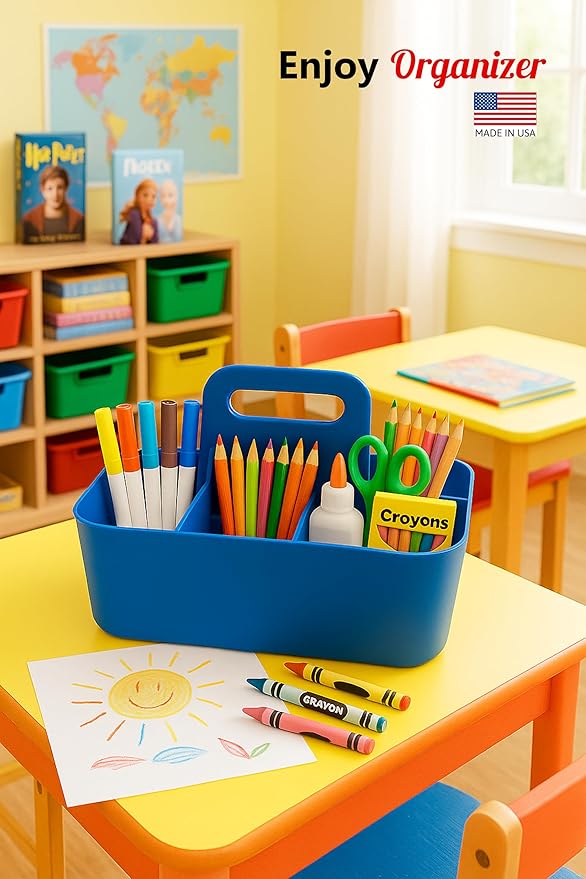 2 Pack Small 6 Compartment Multiuse Caddy Organizer with Handle Art Craft Supplies, Office, Desk, Stationery Pen Holder Stackable- Made In USA (Blue)