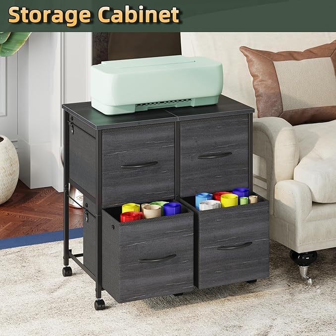 4 Drawer Lateral File Cabinet, Mobile Filing Cabinet for Large Printer, Home Office Functional Small Office Storage Cabinet & Printer Stand, Fits Letter/A4, Charcoal Black Grain Print