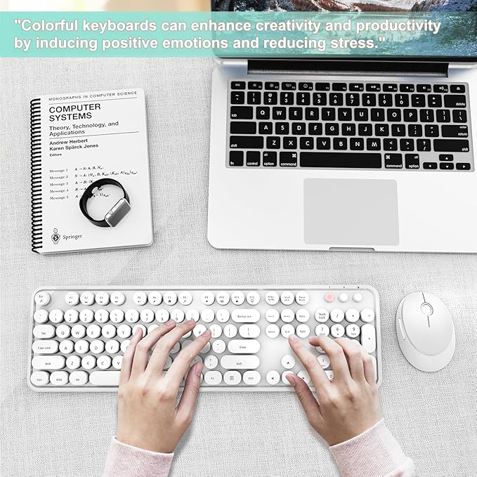 Wireless Keyboard and Mouse Combo, Ergonomic Full Size Typewriter Retro Round Keycaps Keyboard, Compatible with Windows, PC, Perfer for Home and Office Keyboards(White)