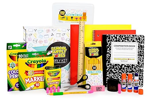 Back to School Supply Box (Case - 4 Boxes) - Grades K-5 Back to School Supplies - 32 Piece Kit Includes Markers, Crayons, Pencils, Scissors, Folders, Glue Sticks, Notebook, and Composition Book