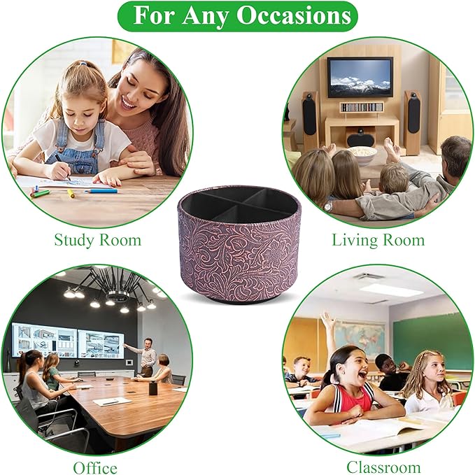 lizimandu Round Leather Art Supply Organizer,Remote Control Holder,360 Degree Spinning,Multi-Functional Pencil Holder,4 Compartments Desktop Stationary Organizer(1-Carved Cooper Red)