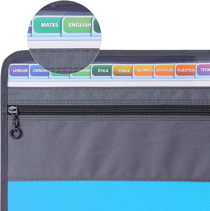 MEGREZ Expanding File Folder with 13 Pockets, A4 Paper File Folder with Zipper Color Labels, Waterproof Accordion File Folder Organizer for Home Office, Blue