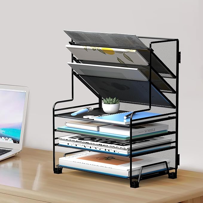4-Tier Paper Organizer + 3-Pocket File Holder + Drawer + Pen Holders, Desktop File Organizers Paper Tray for Office Supplies School Classroom Organization (Black, No Drawer & Pen Holder)