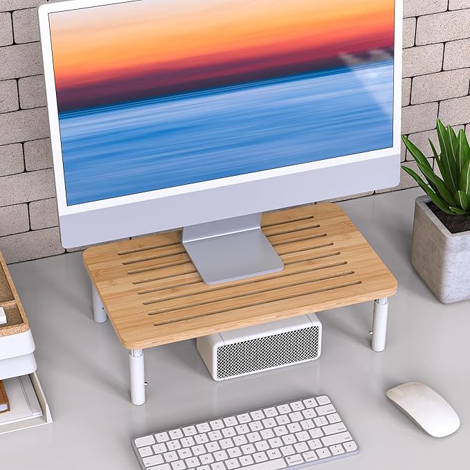 Bamboo Monitor Stand Riser, 4 Adjustable Height, Laptop Stand with Airflow Vents, Desk Organizer for Computer, PC, Printer (Natural)