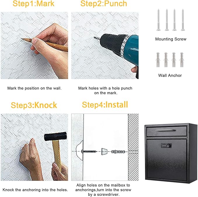 xydled Wall-Mount Mailboxes with Combination Lock, Steel Combination Lock Mail Boxes Outdoor, Locking Wall Mount Mailbox, Security Key Drop Box, 13.4H x 11.6L x 5.8W Inches, Black, Large