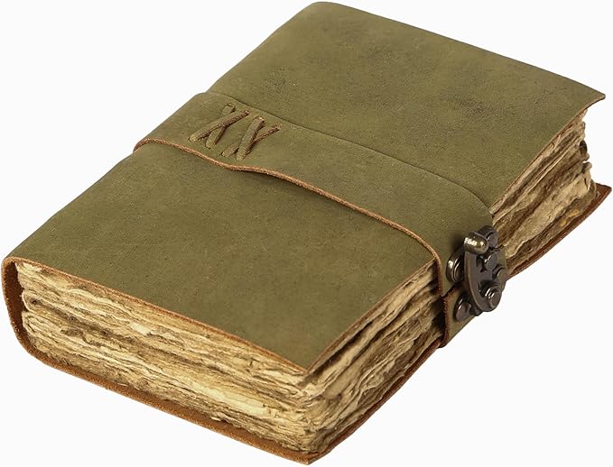 Vintage Leather Journal Handmade Buffalo Non-Refillable Deckle Edge Paper – Leather Bound Journal for Women Men C-Lock Closure Ideal for Writing & Travel for Artists (Green)