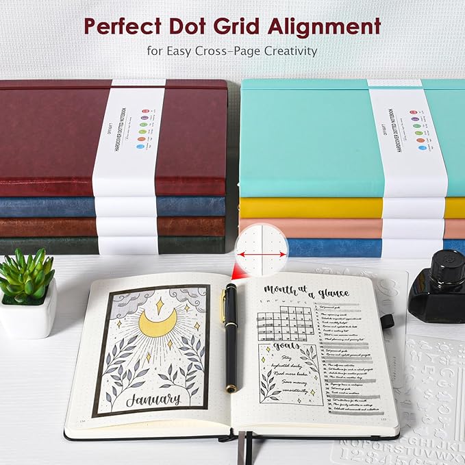 Bullet Dotted Journal Notebook, 312 Numbered Pages A5 Hardcover Leather Journal, 100gsm No Bleed Paper Dot Grid Notebook with Index Pages, Dot Journal for Women Men, 5.75" x 8.38", Burgundy