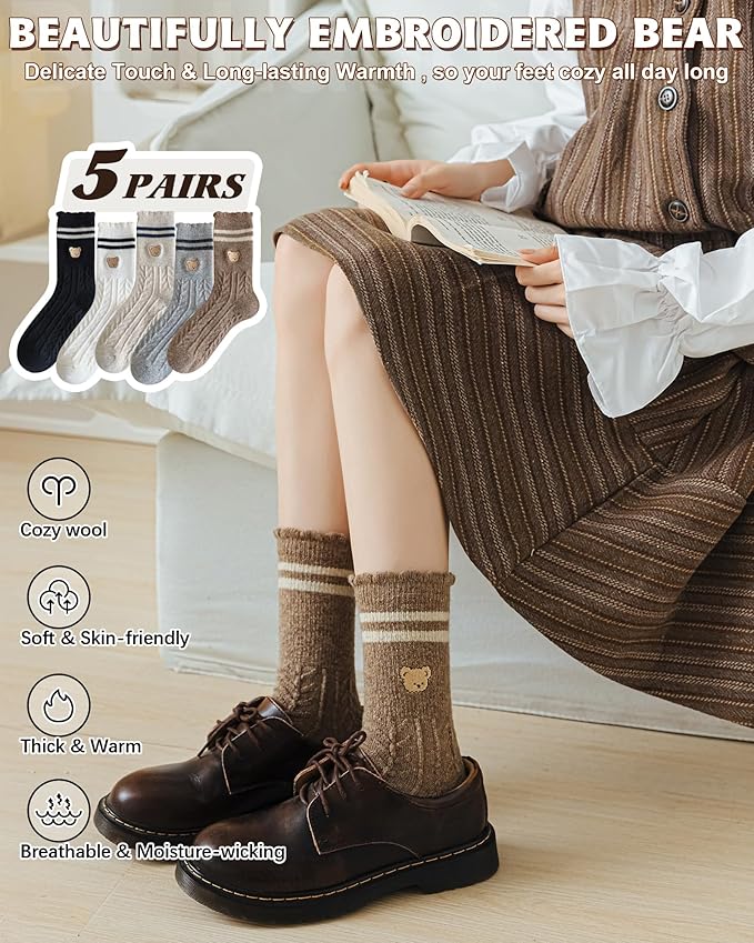 IIG Cute Warm Wool Socks for Women Super Cozy Thick Crew Winter Socks Gifts, 5 Pairs