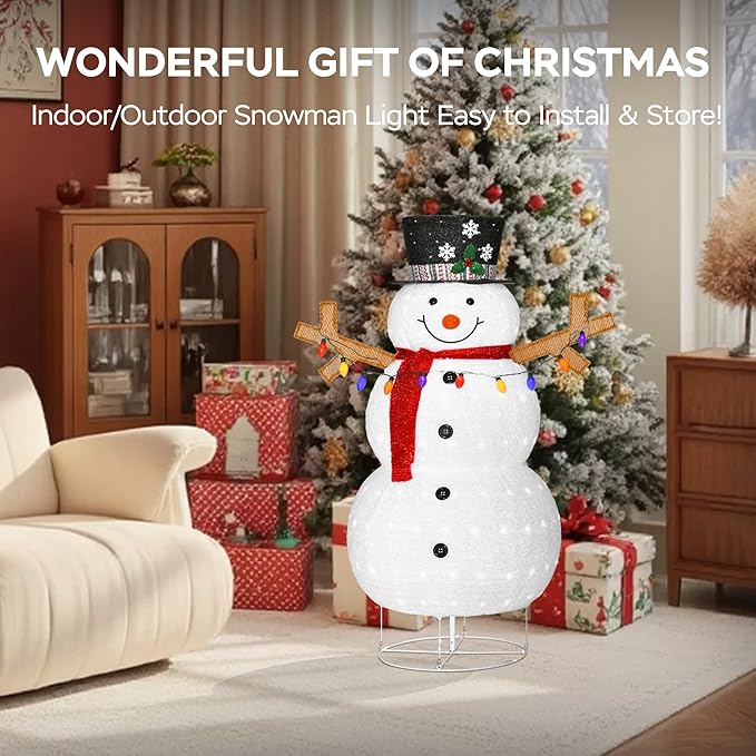 5ft Lighted Pop-up Snowman Outdoor Christmas Lawn Decor, 60" Large 3D Snowman Holiday Decoration with White 200 LEDs for Lawn, Yard, Garden