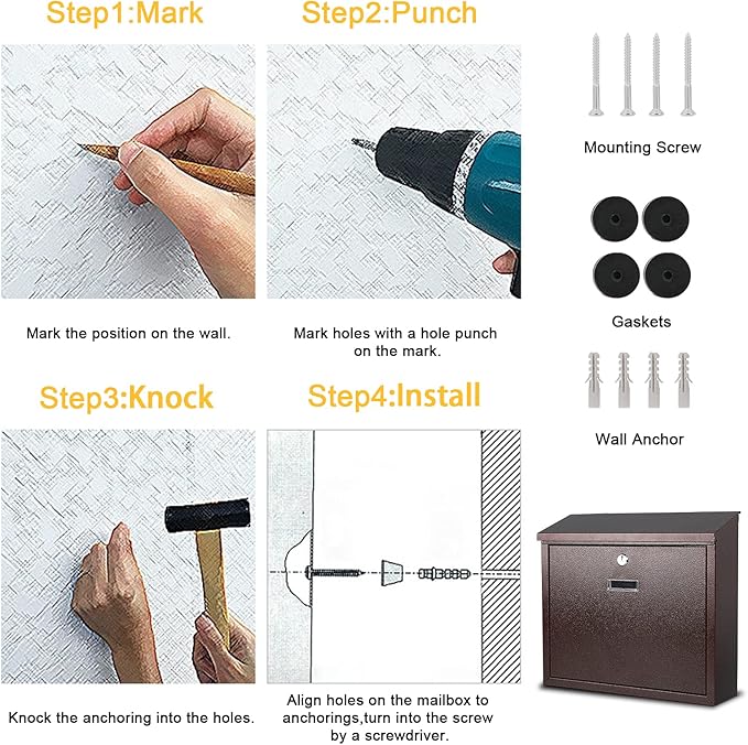 xydled Mail Boxes with Key Lock,Locking Mailbox Wall Mounted, Large Capacity, Galvanized Steel Cover Metal Postbox for House, 14 X 12.5 X 4.25 Inch,Bronze