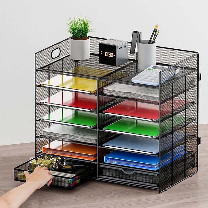 Marbrasse 7 Tier Desktop Literature Organizer, Mesh Paper Organizer, Desk Organizers with Drawer, File Sorter Mail Center Paper Storage Cabinet Classroom Keepers Mailbox for Office Home School (Black)