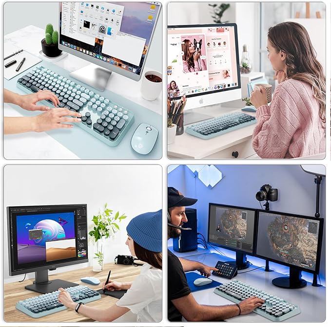 Wireless Keyboard and Mouse Combo, 2.4 GHz Wireless Full-Sized Typewriter Keyboard with Round Keycaps for Windows, Computer, Desktop, PC, Laptop (Light Blue)