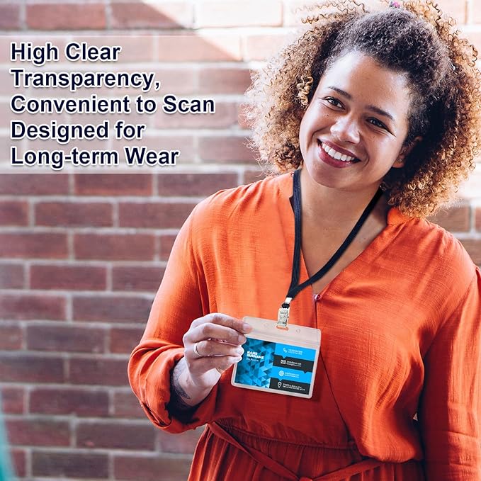 Marspark 100 Sets Clear Name Tags with Lanyard, Lanyards for ID Badges Reusable Strap with ID Holder Plastic Name Badges for Adults Business School Church Conference (Dark Blue)