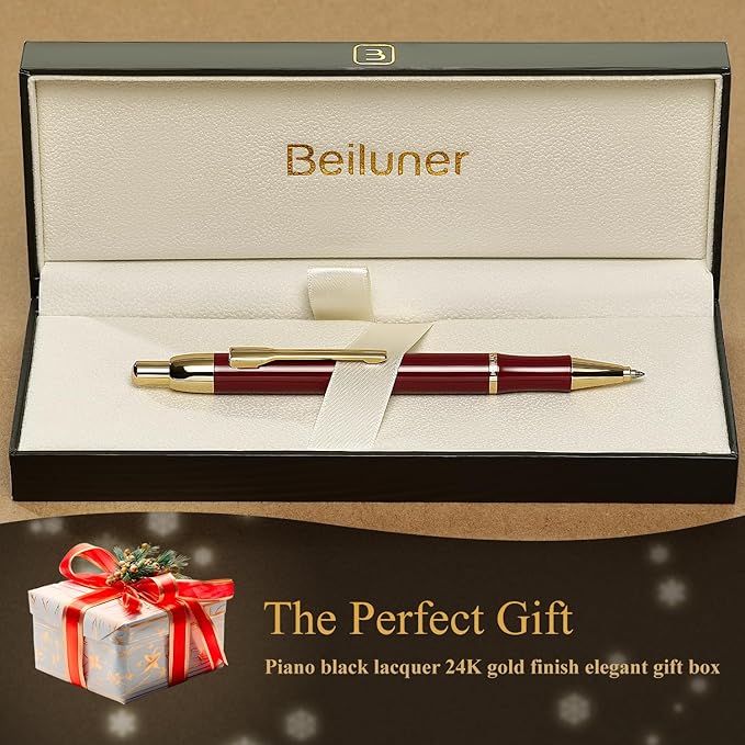 BEILUNER Luxury Gel Pen with 24K Gold Electroplating Finish, Red Piano Lacquer, Luxury Grade Craftsmanship, Best Gel Pen Gift Set for Men and Women