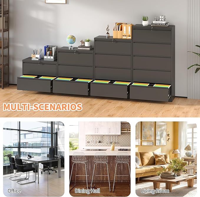 KEIKI 4 Drawer Lateral File Cabinet with Lock – Tall Heavy-Duty Metal Filing Cabinet, Space-Saving Wide Storage for Letter/Legal/A4/F4, Quiet Full-Extension Slides for Home Office, Black