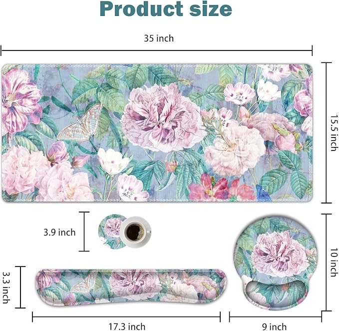 ARTSO Large Mouse Pad and Keyboard Wrist Rest, Desk Pad for Keyboard and Mouse, 4in1 Large Gaming Mouse Pad with Wrist Support, Desk Mat for Home Office Game, Retro Flowers
