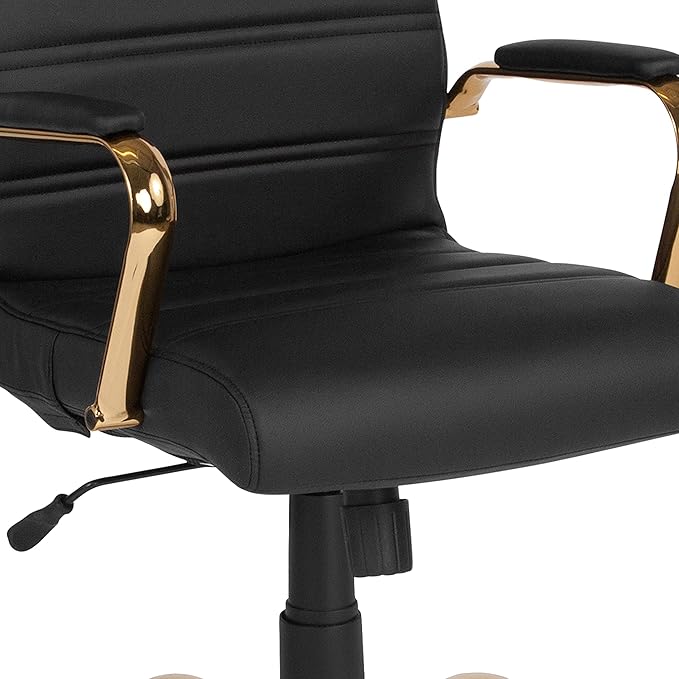Flash Furniture Whitney High-Back Swivel LeatherSoft Desk Chair with Padded Seat and Armrests, Adjustable Height Padded Office Chair, Black/Gold