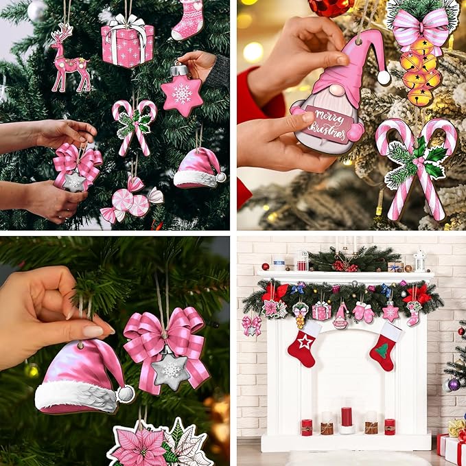 Huwena 36 Pcs Pink Christmas Wooden Ornaments Pink Christmas Decorations for Tree Snowman Gnomes Poinsettia Flowers Truck Wreath Wood Cutouts Tags with Ropes Winter Decor for Xmas Tree Gifts