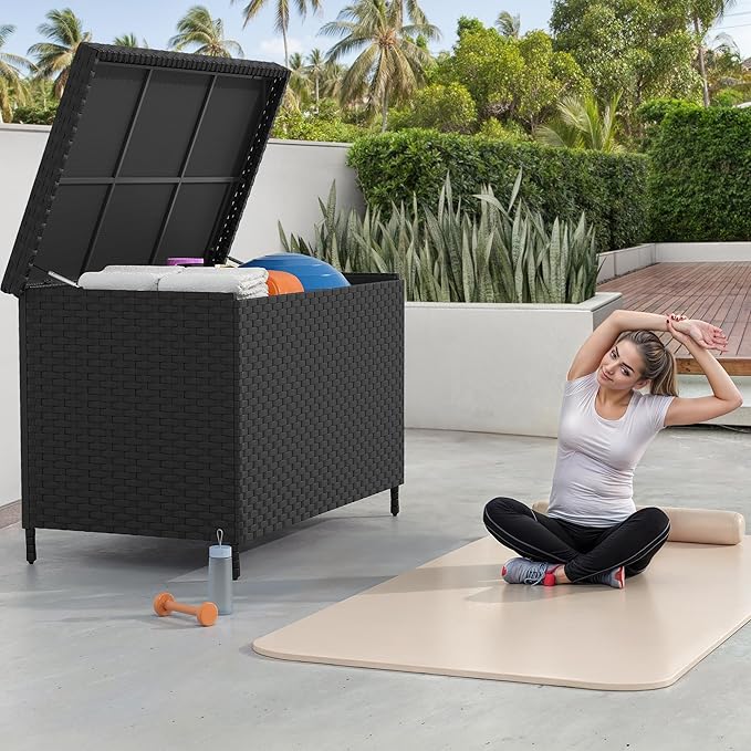 YITAHOME 230 Gallon Wicker Deck Box, XXL All-Weather Outdoor Storage Box, Rattan Storage Bin for Patio Furniture, Outdoor Cushions, Pool Storage and Garden Tools - Black