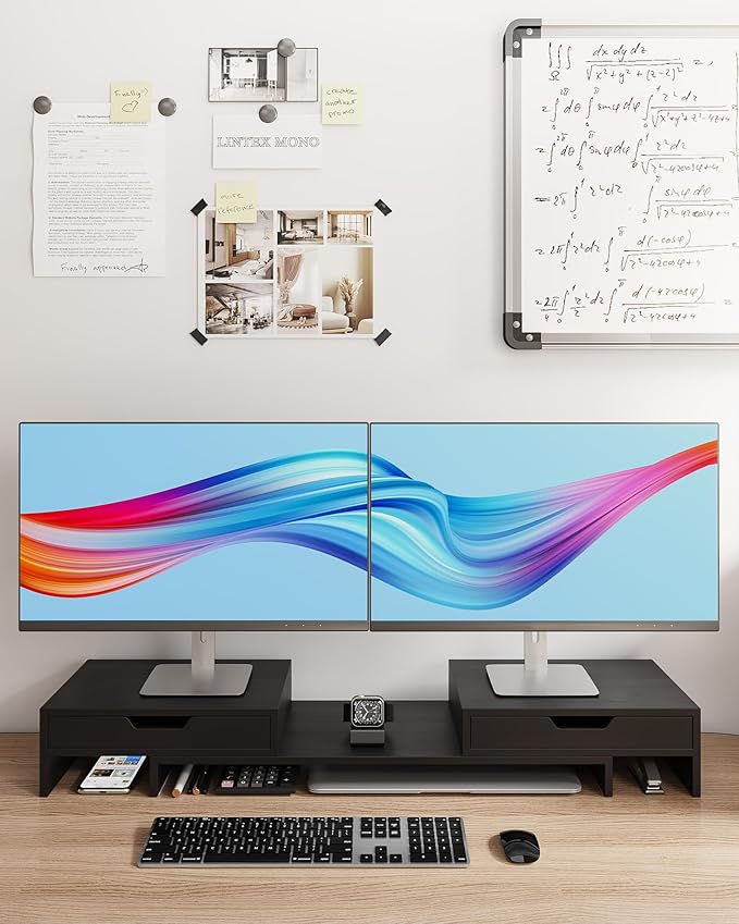 Dual Monitor Riser with Two Drawers for Desk, Bamboo Monitor Stand Riser with Storage, Desk Shelf for Computer, IMac & Laptop, No Assembly Required, Black