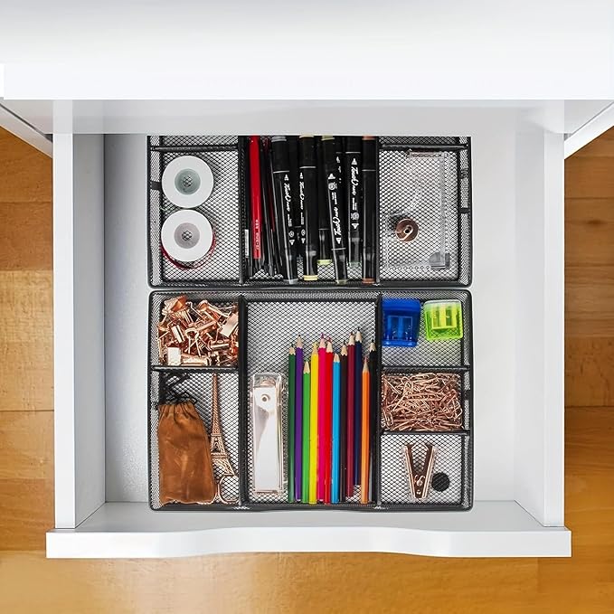 Desk Drawer Organizer Tray, Metal Mesh Drawer Organizers Office, 6 Adjustable Compartment, Desk Organizer Tray for Home Office 12.87L x 8.73D x 1.96H inch, Black, 1PC Medium