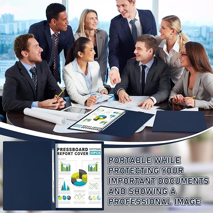 30 Pcs 8.5'' x 11'' Pressboard Report Cover, 3'' Capacity Metal Prong Fastener with Compressor, Letter Size, Presentation Folder to Neatly Bind Report, Proposal Document (Dark Blue)