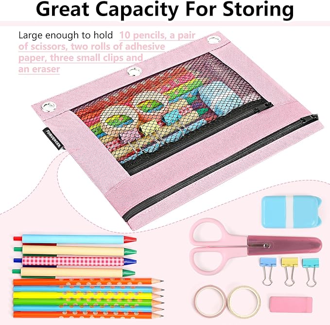 Forvencer Pencil Pouch for 3 Ring Binder, Large Capacity Pencil Pouches with Zipper, Soft Fabric Pencil Bag, Clear Pencil Case with 3 Hole, Portable Office Stationery School College Organizer, Pink