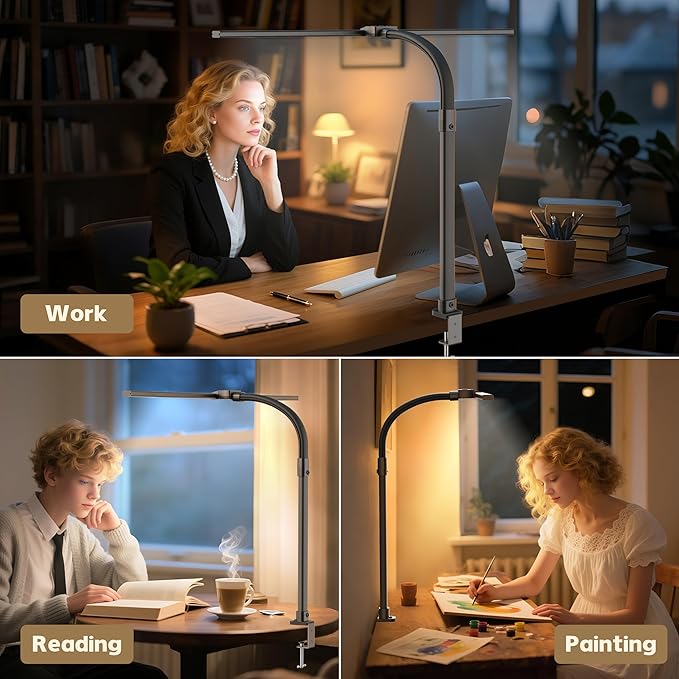 LED Double Head Desk Lamp,24W Brightest Architect Double Swing-arm Table Lamps,5 Adjustable Brightness Color Temperature ,for Workbench/Monitor/Home/Reading/Offices/Bedrooms/Dormitories