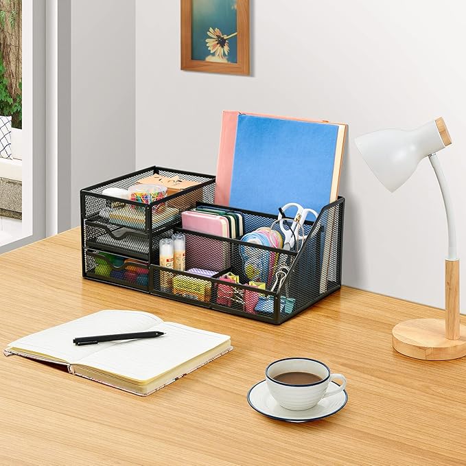 Lavatino Larger Mesh Desk Organizer with Drawers, Multifunctional Desk Organizers and Accessories with 6 compartments + 2 Drawer, Office Desktop Organization for supplies (Black)