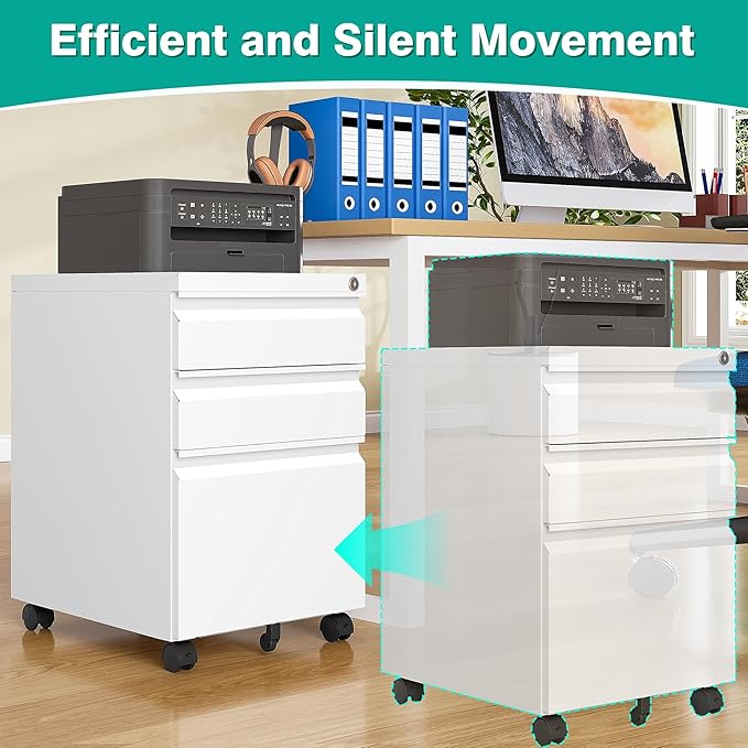 Assembled 3 Drawer File Cabinet with Wheels,Under Desk File Cabinet with Lock,White Rolling Filing Cabinets, Metal Filing Cabinets for Home Office,Fit A4/Letter/Legal,Pre-Assembled Except Caster