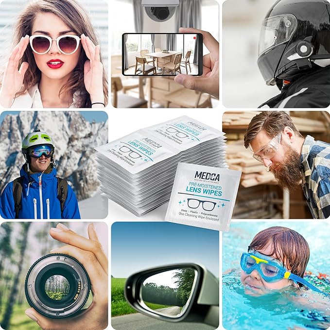 Premoistened Lens and Glass Cleaning Wipes - Portable Travel Cleaner for Glasses, Camera, Cell Phone, Smartphone, and Tablet - Disposable, Quick Drying, Streak Free - Individually Wrapped, Pack of 100