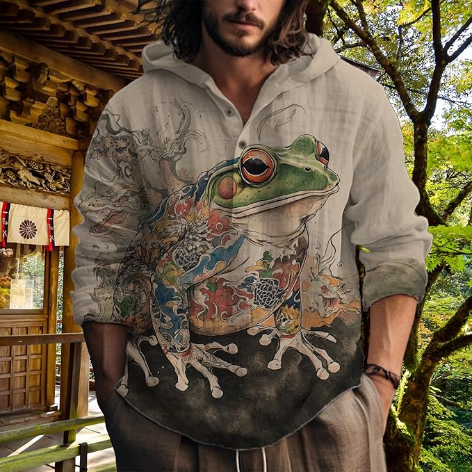 MARSVOVO Hooded Long Sleeve Shirt Men Fashion Graphic Button Up Lightweight Big and Tall Casual Vacation Shirts for Men