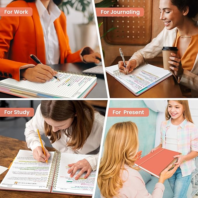 Hardcover Spiral Journal Notebooks for Work With Removable Dividers & Tabs, 8.5"x11" 5 Subject Notebook for Note Taking & Organizer, A4 College Ruled Lined Journal for Women & Writing, Coral, 280 Pages