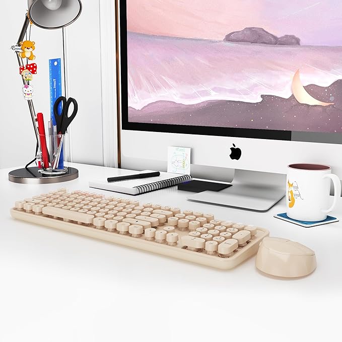 Kootop Wireless Keyboard and Mouse Combo, Cute Colorful 104 Keys Typewriter Retro Round Keycaps Keyboard for PC Laptop,Desktop,Windows, Home and Office Keyboards Coffee