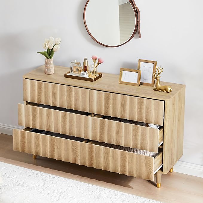 Fluted 6 Drawer Dresser, 53" Wide Modern Storage Chest of Drawers, Wood Drawer Organizer for Bedroom, Living Room, Hallway