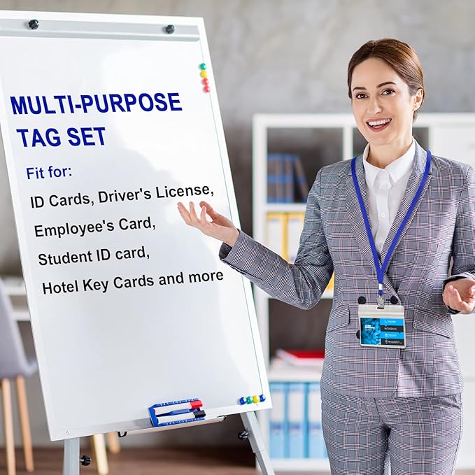 Marspark 100 Sets Clear Name Tags with Lanyard, Lanyards for ID Badges Reusable Strap with ID Holder Plastic Name Badges for Adults Business School Church Conference (Blue)