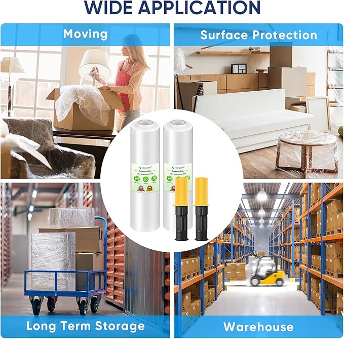 TICONN 2Pk Stretch Wrap Stretch Film Roll, 1000ft Industrial Strength 15 inch Wide Clear Plastic Wrap with Handles for Pallet Wrapping Shipping Moving