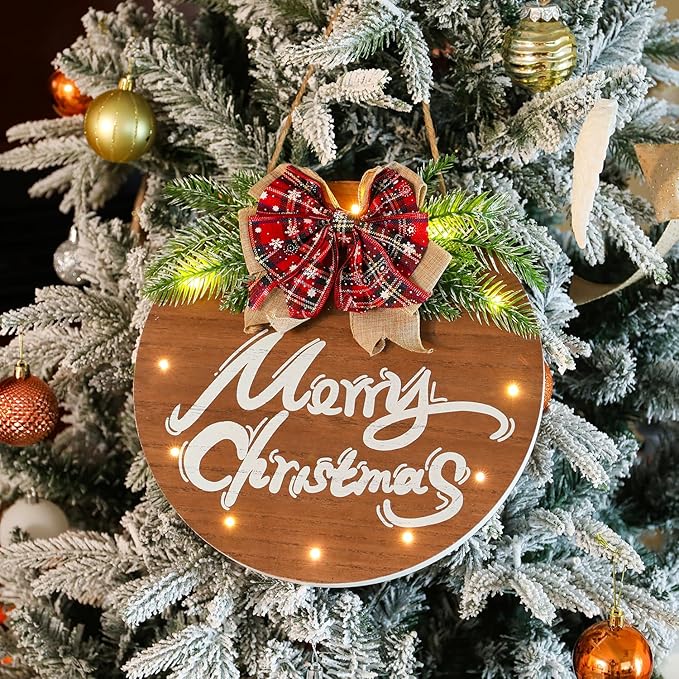 HOMCDALY Merry Christmas Sign for Front Door, Wooden Hanging Sign Door Decoration with 12 LED Light, Winter Welcome Wreath indoor outdoor Décor, Christmas Decoration.