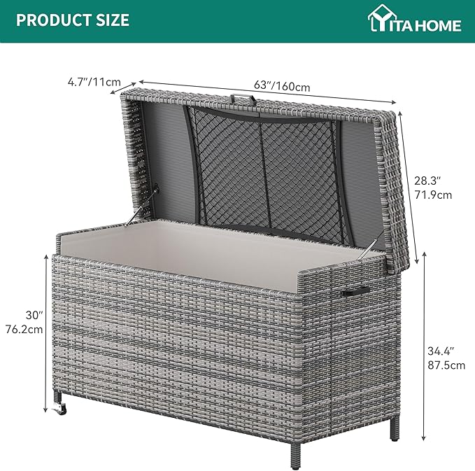 YITAHOME 200 Gallon Large Wicker Deck Box w/Storage Net, Rattan XL Outdoor Storage Box Patio Cushion Storage, Patio Storage Box for Garden Tools, Pool Sports Equipment (Grey)