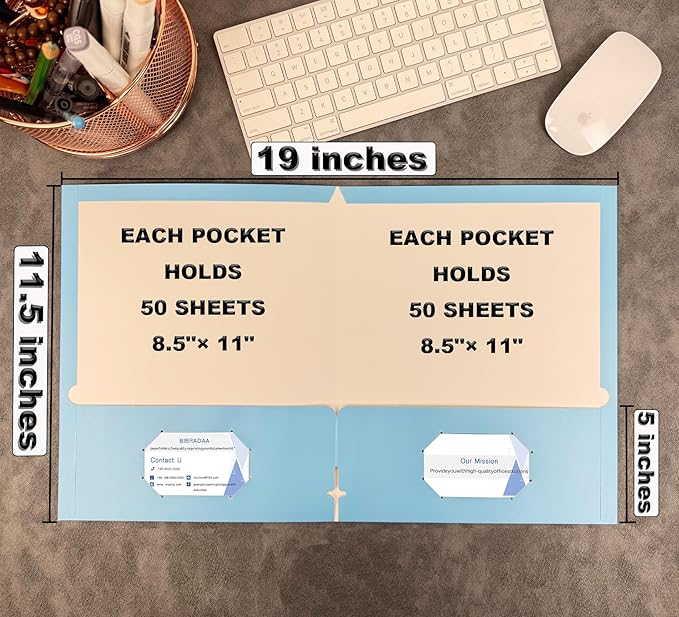 BIBRADAA® 50 Packs Blue Folders with Pockets,File Folder with Pockets Fit Letter Size Paper,File Folders Letter Size,Durable Paper Folders for School, Office, Business.(50, Light Blue)