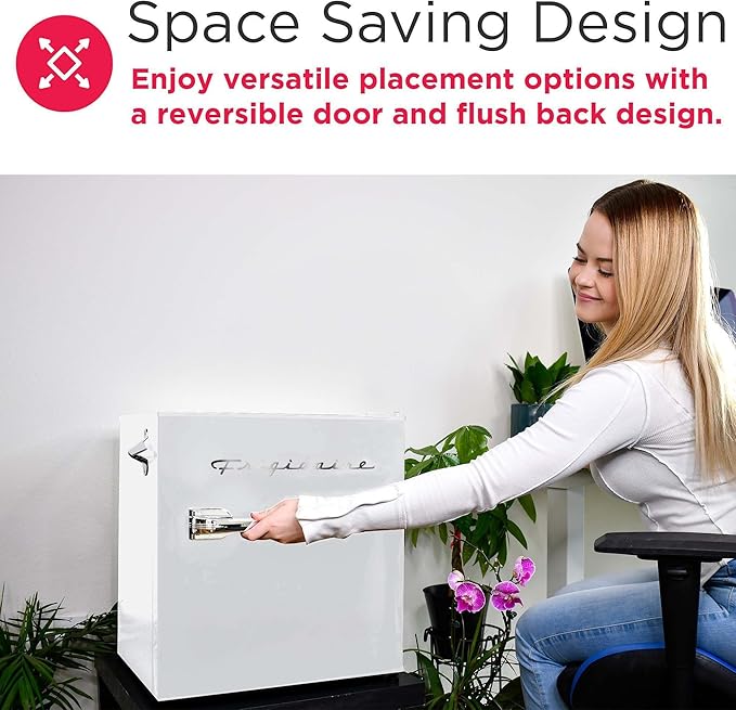 Frigidaire Retro Compact Fridge with Chiller, Countertop, Built-In Bottle Opener, Compact Refrigerator 1.6 cu ft, Mini Fridge for Office, Bedroom, Dorm Room or Cabin - 16" D x 18" W x 18.5" H (White)