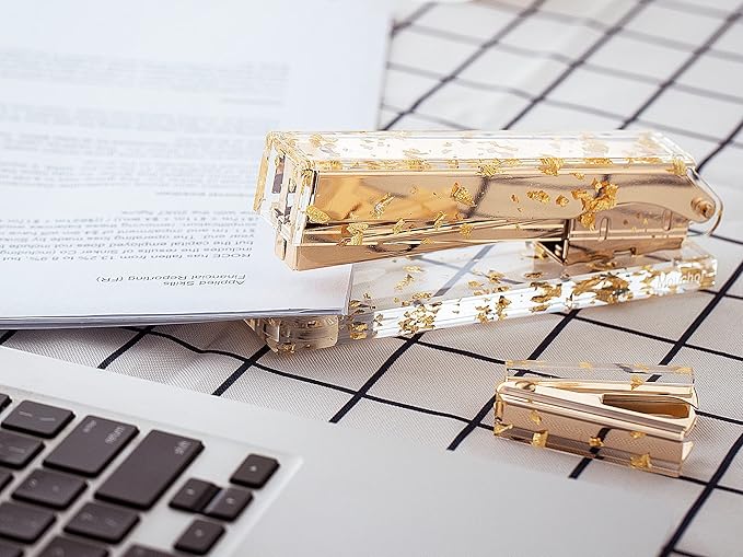 Acrylic Stapler Gold Leaf with 25 Sheets Capacity and Hold 100 Staples, Gold Stapler and Staple Remover Set Palm Size and high Comfort, Stylish Desk Accessories for Classroom, Office Supplies, Home