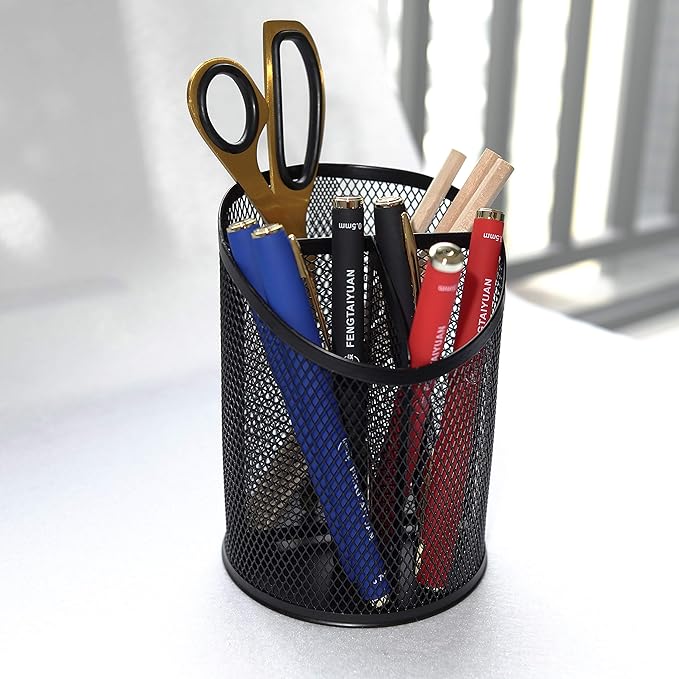 Fengtaiyuan T06, Black Metal Wire Mesh Pencil Holder, Desktop Organizer, Office Storage Box (Black-T06)