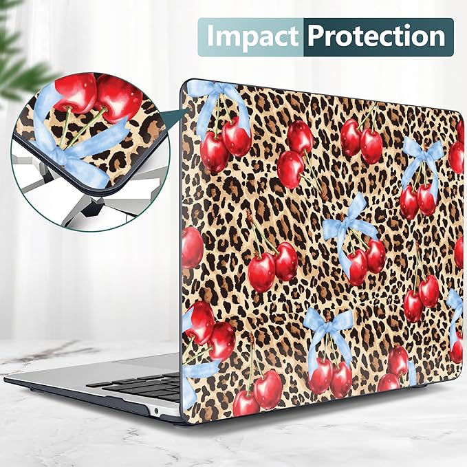 DONGKE for MacBook Air 13 Inch Case 2021-2018, Compatible with A2337 M1 A2179 A1932 Support Retina Display & Touch ID, Hard Shell Plastic Cover with Keyboard Skin - Cherry & Leopard