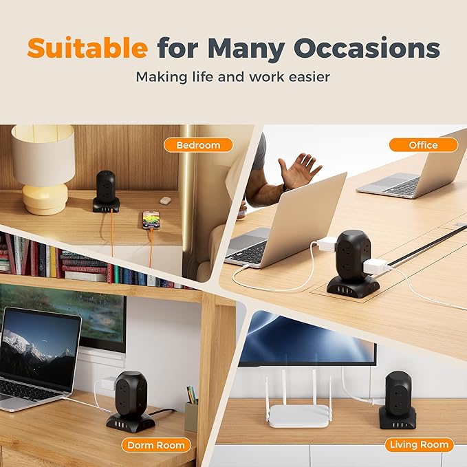 Black Surge Protector Power Strip Tower, TESSAN Flat Plug Extension Cord 10Ft with 8 AC Outlets 4 USB Ports (1 USB C), 1050J Protection Charging Station for Home, Office, Dorm Room Essentials