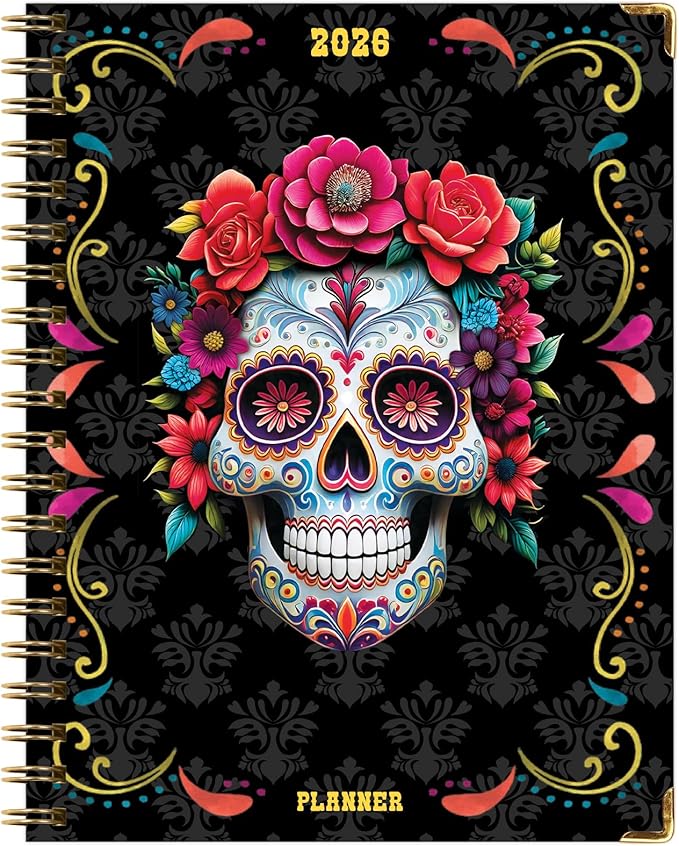 HARDCOVER 2026 Planner, 8.5"x11": 14 Months (November 2025 - December 2026), Daily Weekly Monthly Planner, Yearly Agenda, Bookmark, Pocket Folder and Sticky Note Set (Sugar Skull)