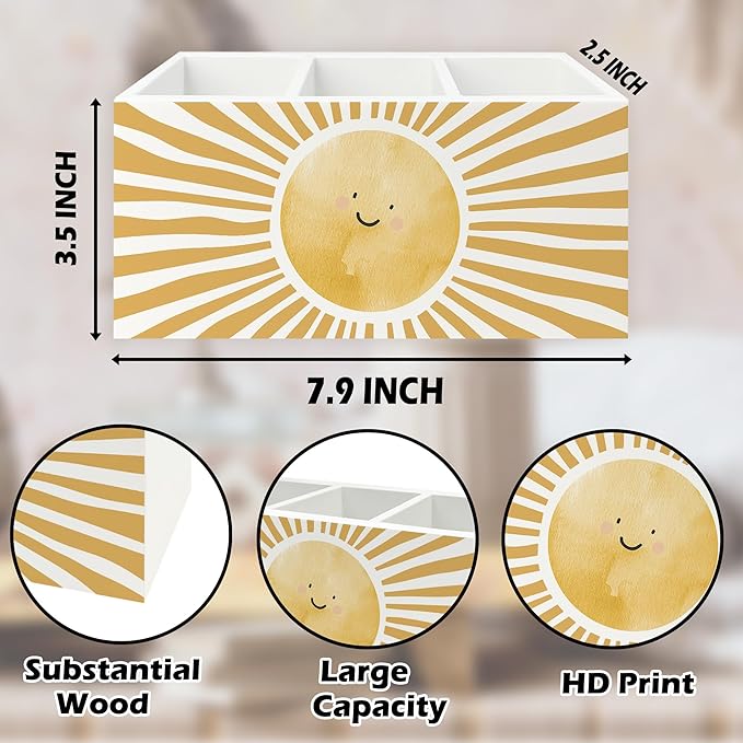 Boho Yellow Sunshine Pen Pencil Holder Organizer for Desk, Cute Smile Groovy Sun Sunshine Wooden Box Signs Decorations for Kids Room Home Classroom Desk Tabletop