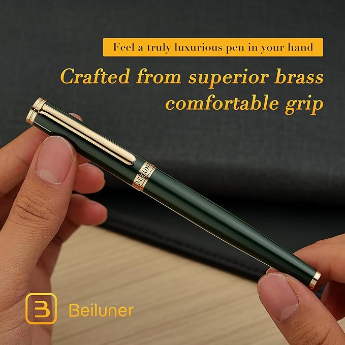 BEILUNER British Racing Green Fountain Pen,Stunning Luxury Pens with 24K Gold Accents, Gorgeous 24K Gilded Nib(Fine), Ink Converter,Fancy Pen Gift for Men&Women-Smooth, Office, Nice for Writing