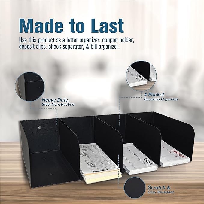 STEELMASTER by BankSupplies Steel Document Organizer - 4-Pockets - Black - Powder Coated Crinkle Finish - Scratch & Chip-Resistant - Check Separator, Deposit Slips, Letter Organizer, Money & Bills